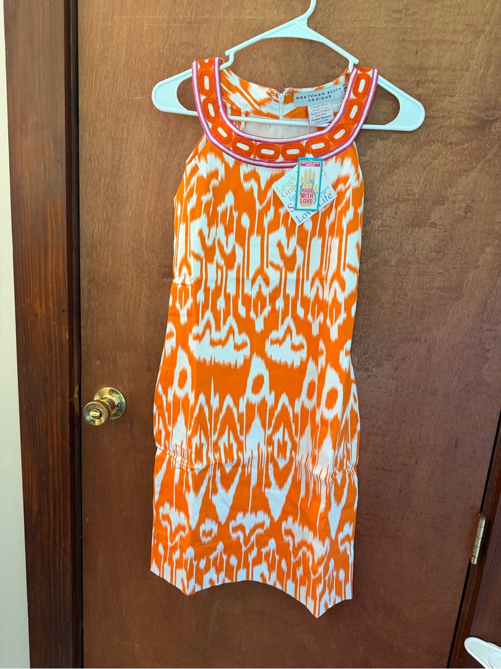 Gretchen Scott Designs Orange & White Ikat Tank Dress with Embellished Neckline